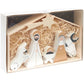 Belén en cajita de madera con las figuras de la virgen, josé, el niño jesús, la mula y el buey.