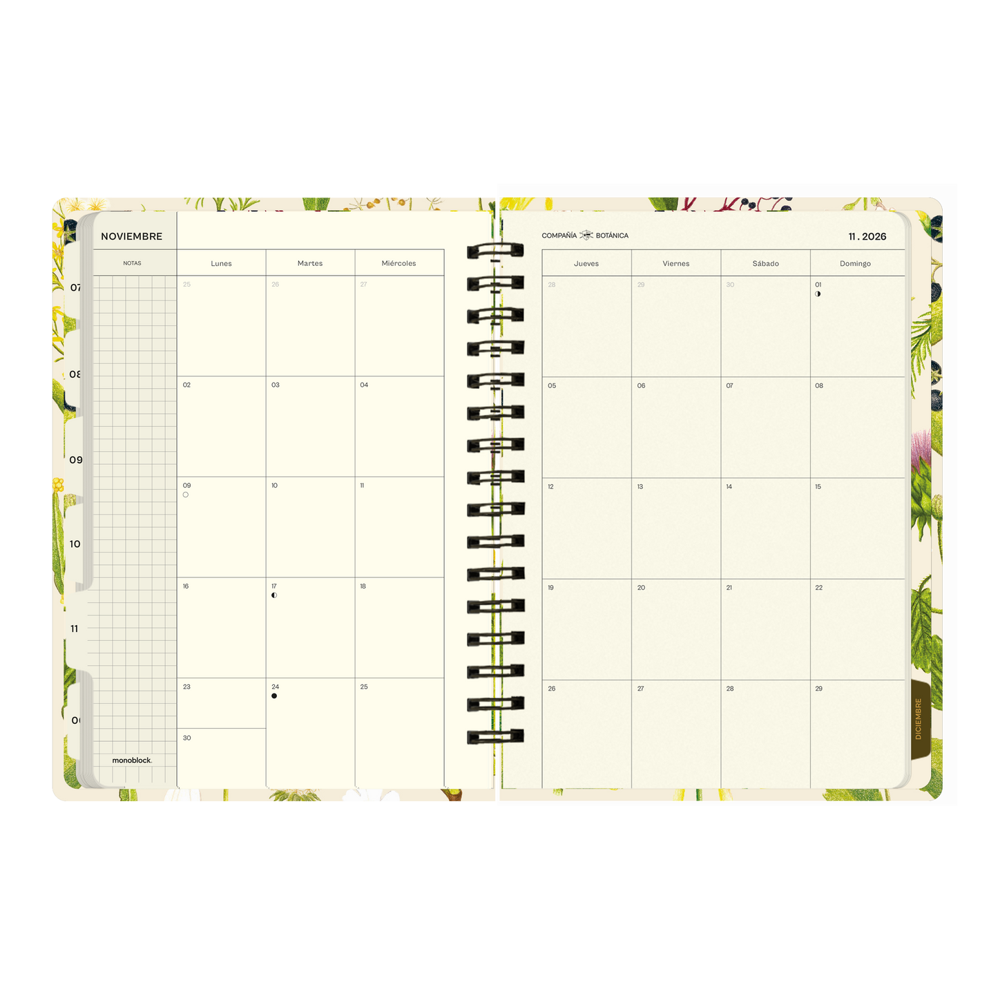 Páginas interiores de la agenda 2026 de Compañía Botánica con calendario mensual de noviembre