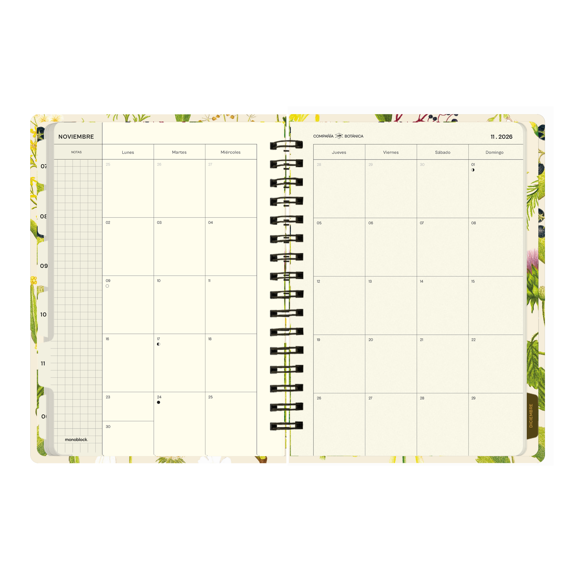 Páginas interiores de la agenda 2026 de Compañía Botánica con calendario mensual de noviembre