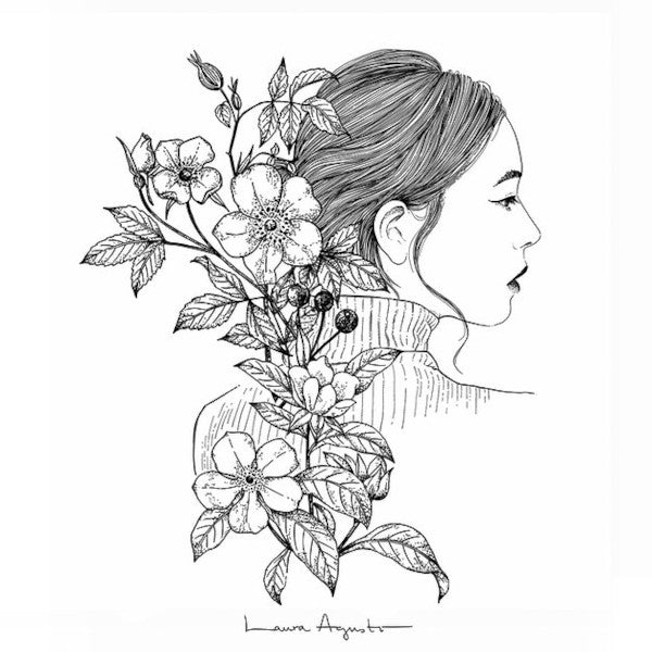 Print blossom, con una mujer de perfil con jersey de cuello alto y flores en la espalda