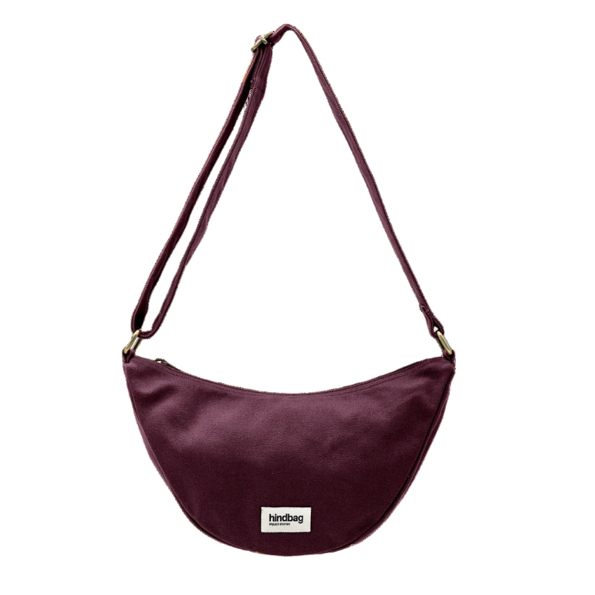 Bolso riñonera con forma de media luna color ciruela de la marca francesa Hindbag