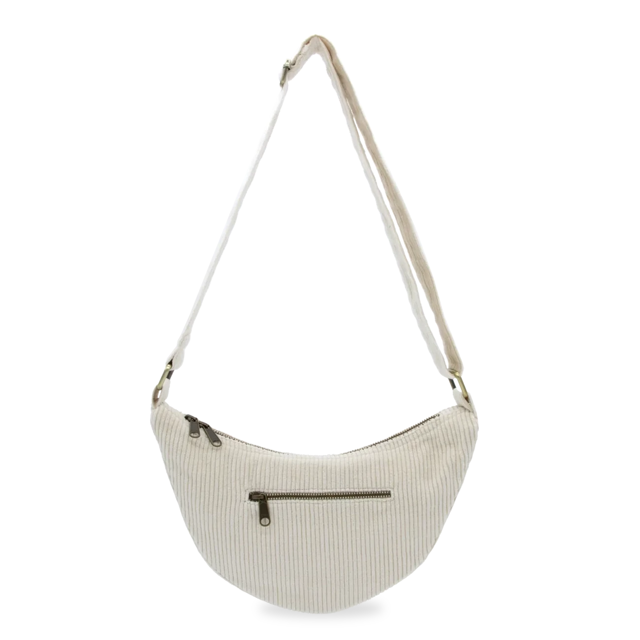 Parte de atrás del bolso riñonera de pana beige de la marca Hindbag con forma de media luna