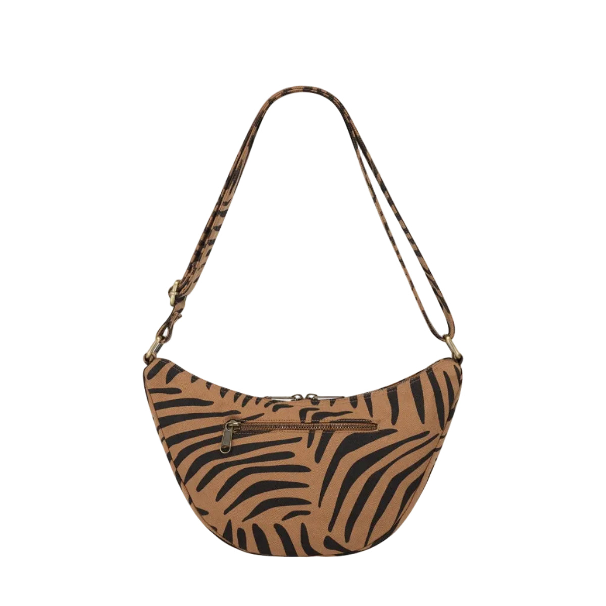 Parte de atrás del bolso de media luna de Hindbag en color marrón y estampado de cebra