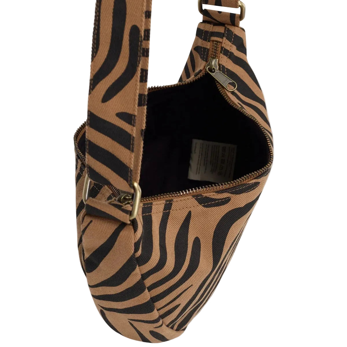 bolso de media luna de Hindbag en color marrón y estampado de cebra abierto