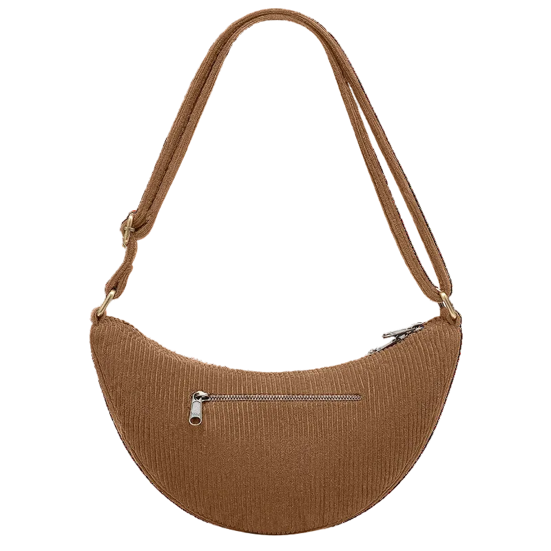 Parte de atrás del bolso de pana con forma de media luna en color marrón café con leche de la marca francesa Hindbag con bolsillito trasero