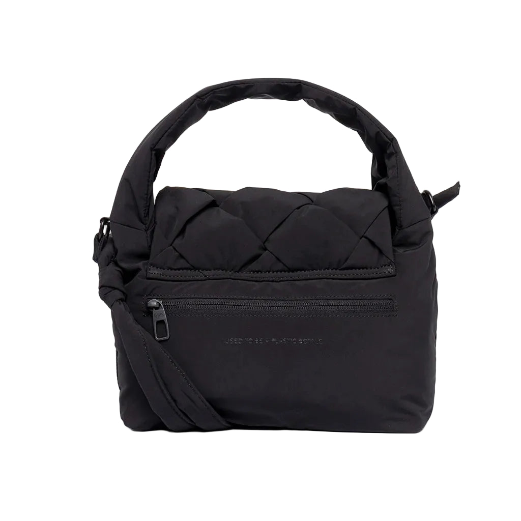 Parte trasera del mini bolso Ani de Lefrik en negro con bolsillo exterior de cremallera y bandolera ajustable