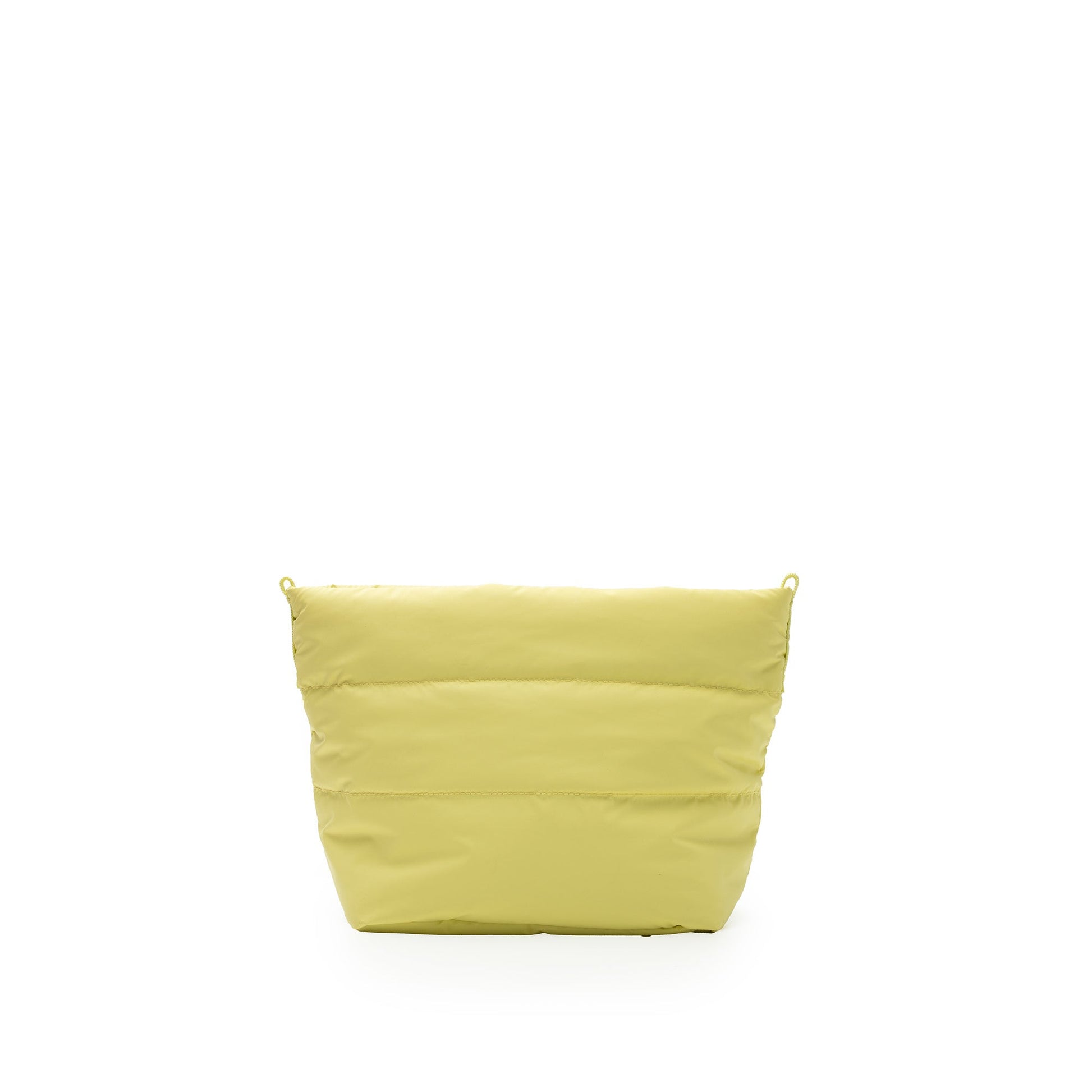 Parte trasera del bolso de la marca Topologie, modelo Besace en color amarillo canario sin correa sobre fondo blanco. 