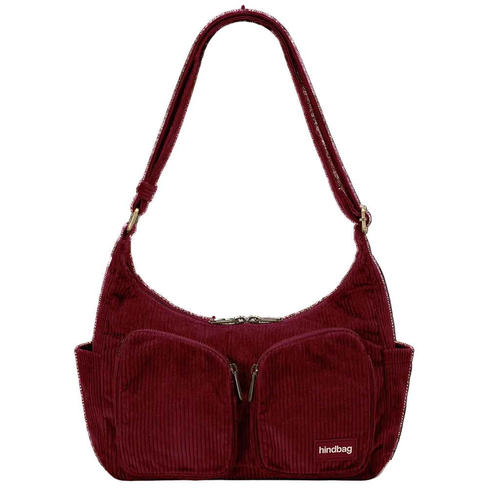 Bolso de pana rojo burdeos con doble cremallera, dos bolsillos frontales con cremallera y dos laterales sin y correa ajustable de la marca francesa Hindbag