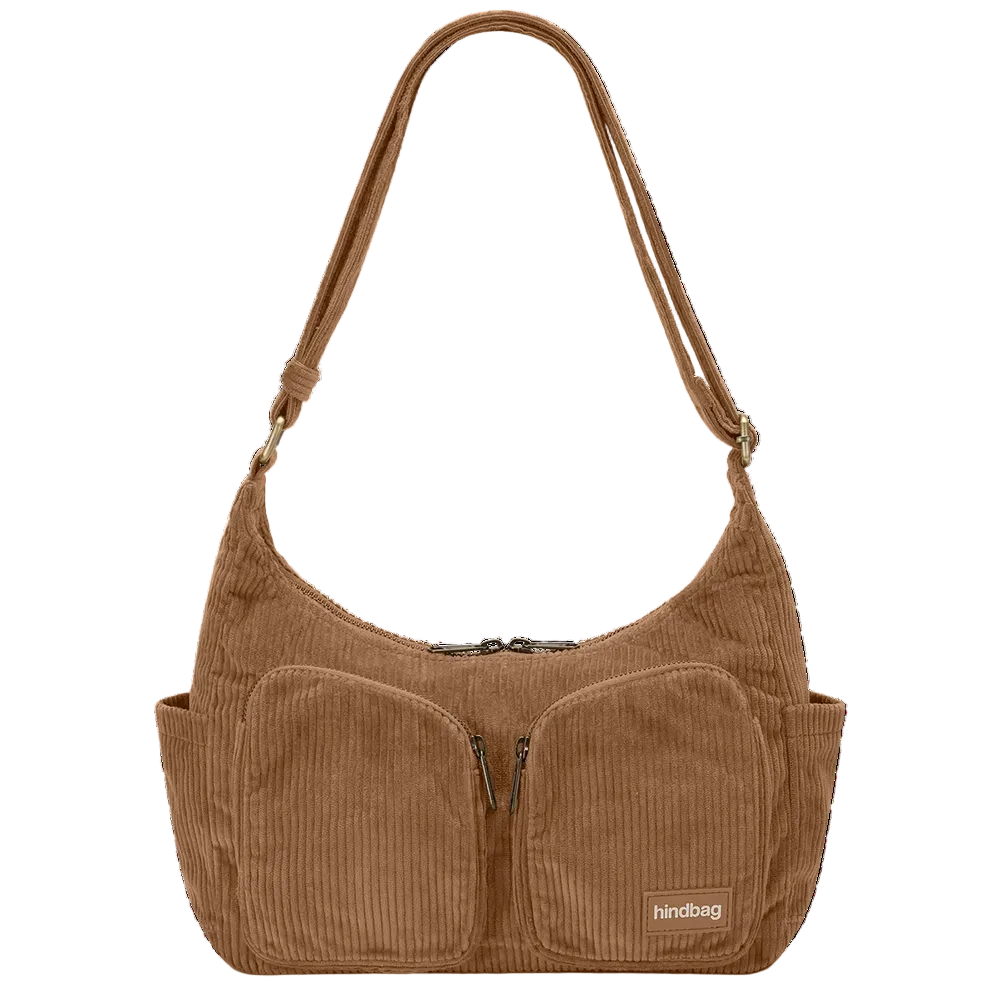 bolso de pana color marrón con dos bolsillos frontales con cremallera y correa ajustable de la marca francesa Hindbag 