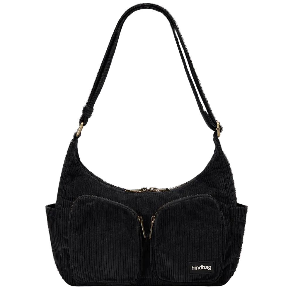 Bolso de pana color negro con dos bolsillos frontales con cremallera y correa ajustable de la marca francesa Hindbag 