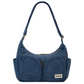 Bolso de tela vaquera azul con dobre cremallera, dos bolsillos frontales con cremallera y dos laterales sin y correa ajustable de la marca francesa Hindbag