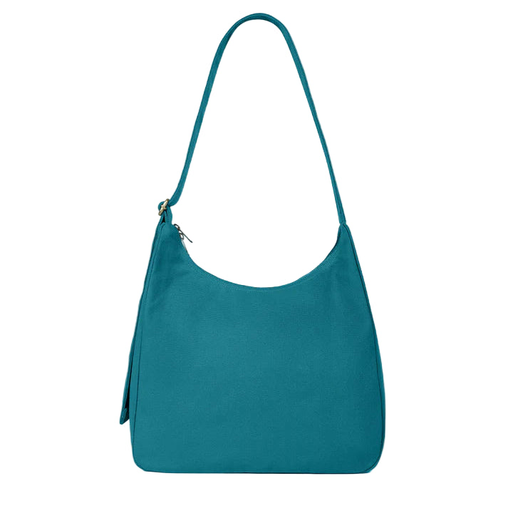 Parte trasera del bolso hobo color azul pavo real de la marca francesa Hindbag