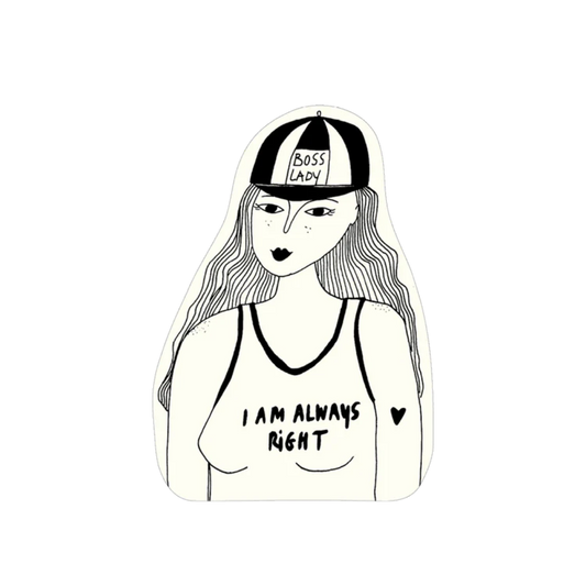 Pegatina de una chica con una gorra que pone "boss lady" y una camiseta que pone "I am always rigth"