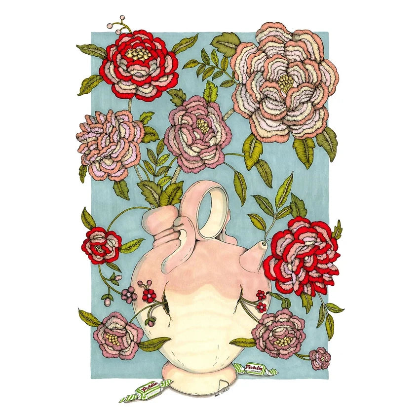Ilustración de Ana Jarén de un botijo de barro del que salen flores con textura de ganchillo. Cerca del botijo, en el suelo, dos caramelos de menta pictolín.