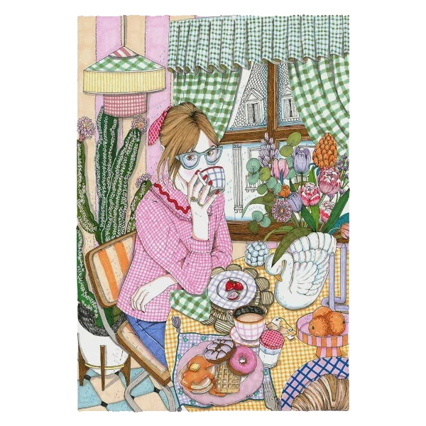 Ilustraciñon de Ana Jarén de una chica con gafas y coleta con lazo bebiendo café y desayunando en una mesa llena de dulces y flores
