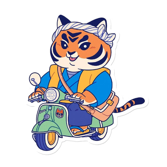 Pegatina con forma de tigre vestido a la japonesa y montado en una moto vespa
