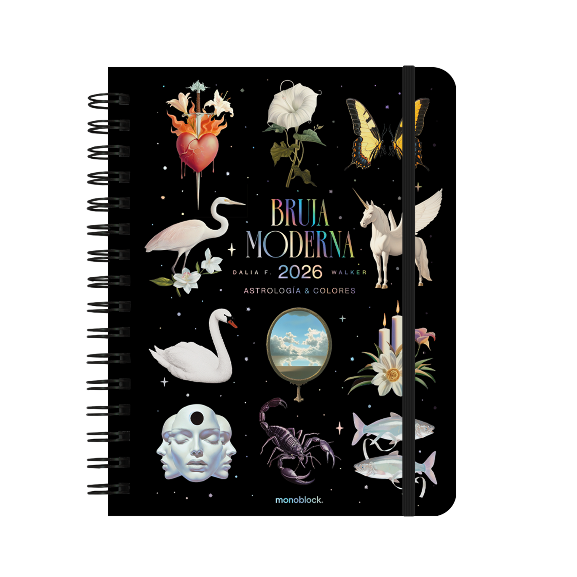 Agenda 2026 de la Bruja Moderna con formato dos días por hoja y portada del cielo de noche con elementos místicos