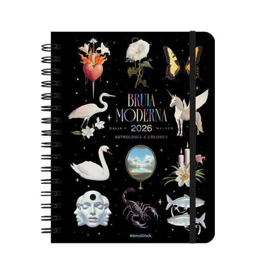 Agenda 2026 de la Bruja Moderna con formato dos días por hoja y portada del cielo de noche con elementos místicos