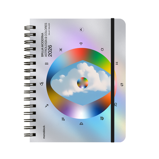 Agenda 2026 de la Bruja Moderna con formato dos días por hoja y portada con un ojo de colores y signos del zodiaco