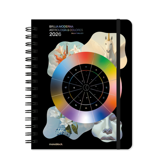 Agenda 2026 de la Bruja Moderna con formato semanal y portada oscura con elementos místicos y astros