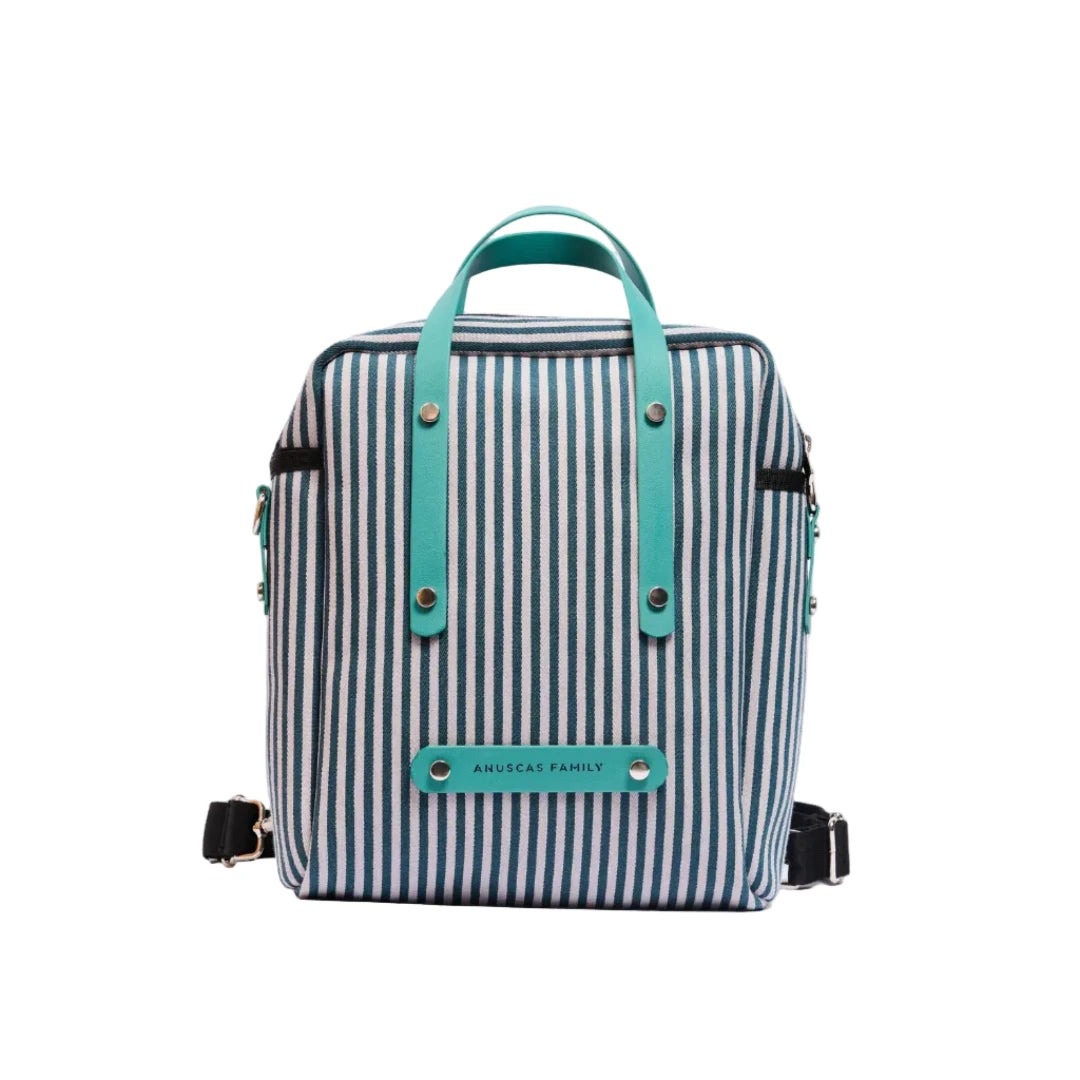 Mochila convertible reciclada a rayas verticales con correa y detalles en turquesa