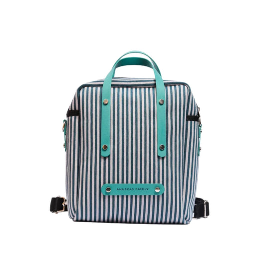 Mochila convertible reciclada a rayas verticales con correa y detalles en turquesa