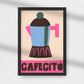 Print enmarcada en negro de una cafetera con mango rosa y la palabra cafecito debajo con letras negras sobre fondo rosa