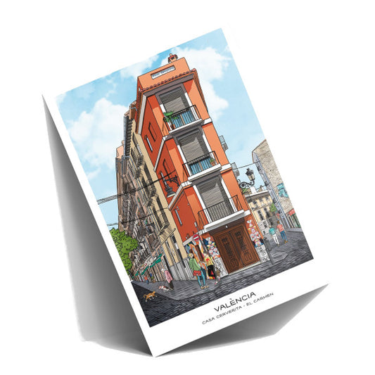 Postal con ilustración de la casa Cerverita, en Valencia, donde confluyen las calles Alta y Baja