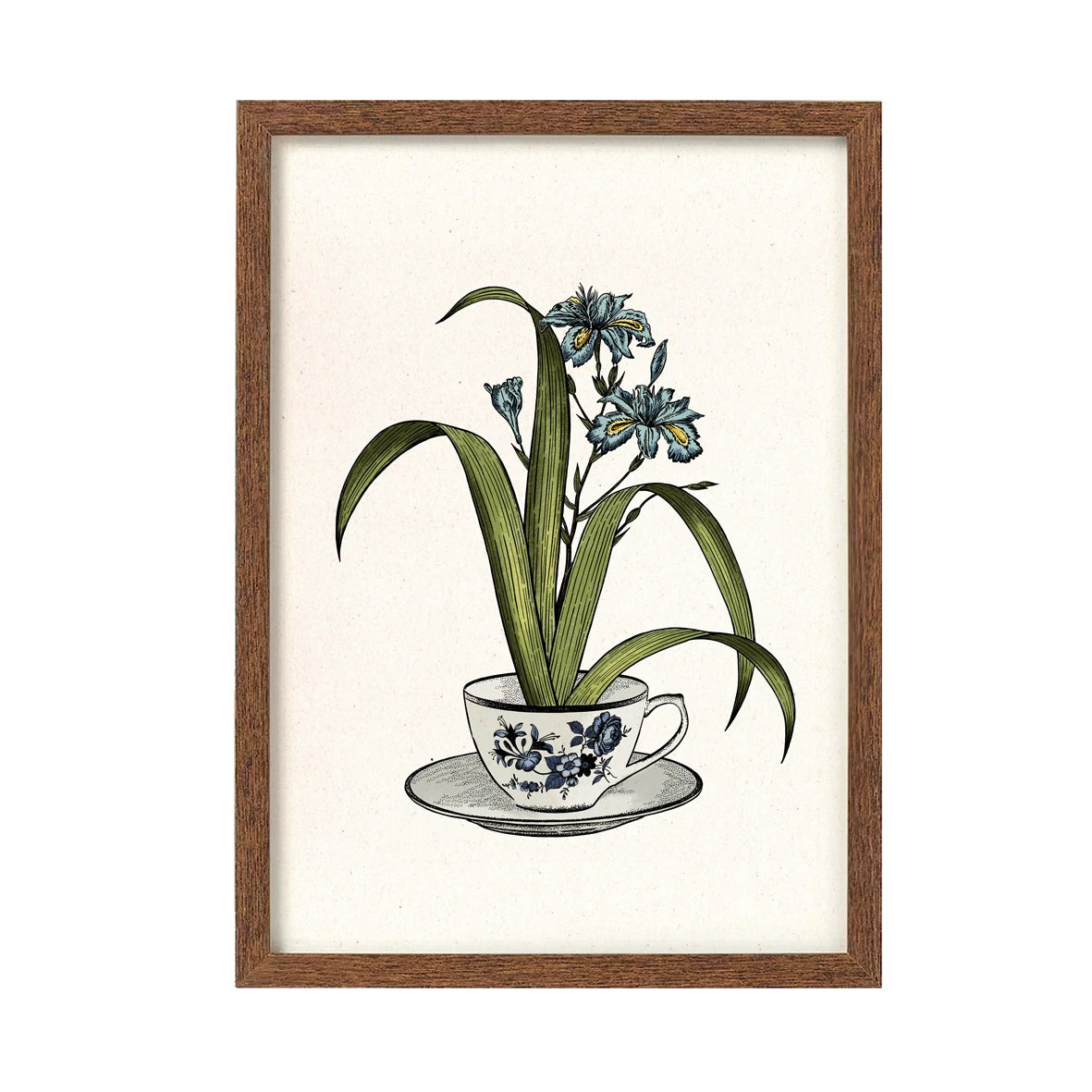 ilustración de la artista Laura Agustí de una taza de té con motivos florales en color azul sobre un plato, de donde sale un lirio en color azul, puesta en un marco de madera color marrón oscuro
