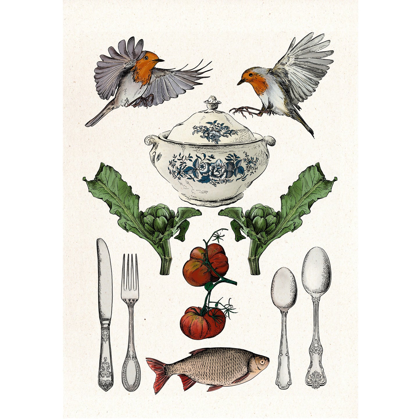 Ilustración de Laura Agustí con una sopera de porcelana, pájaros, alcachofas, tomates en rama, pescado y cubiertos de plata