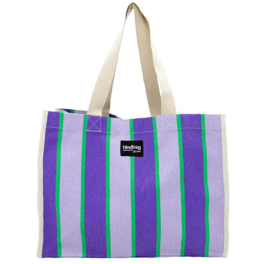 Bolso de playa de tela de la marca francesa hindbag a rayas moradas, violeta y verdes