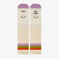 Calcetines beige con detalle morado en la puntera y el mensaje Profe eres lo más :) y tres franjas en la caña naranja, verde y lila