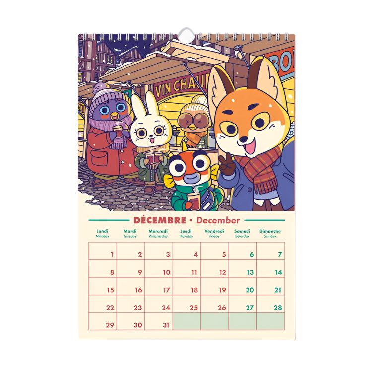 Mes de diciembre del calendario de pared 2025 de Yeaaah Studio con ilustración de los amigos zorro, pinguino, coneja y pez tomando vino caliente en un puesto callejero