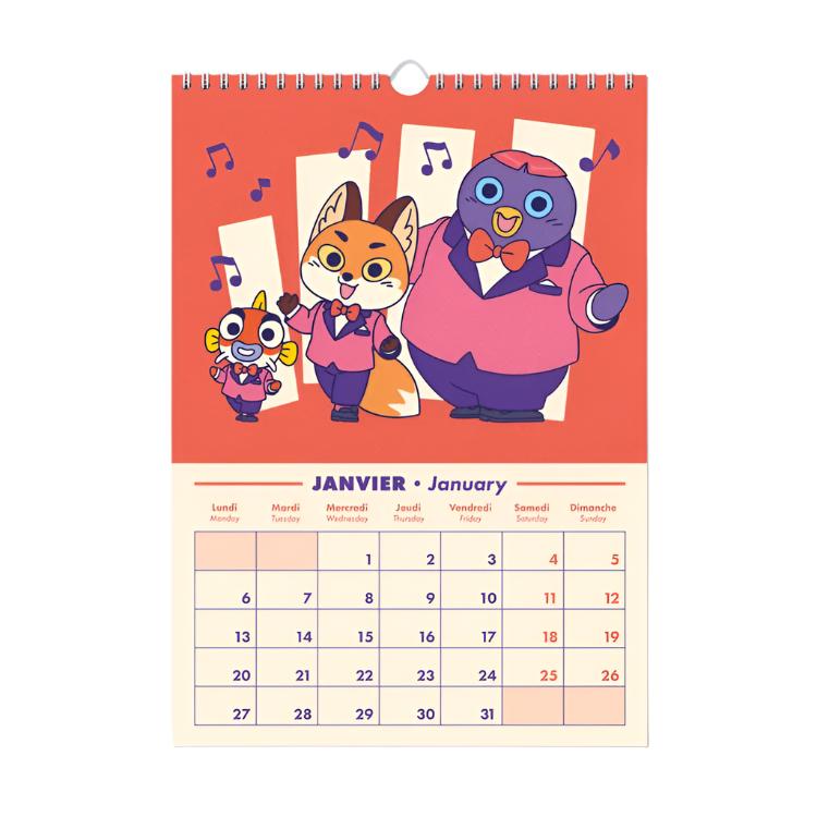 Mes de enero del calendario de pared 2025 de Yeaaah Studio con ilustración de un pinguino, un zorro y un pez bailando en traje de chaqueta