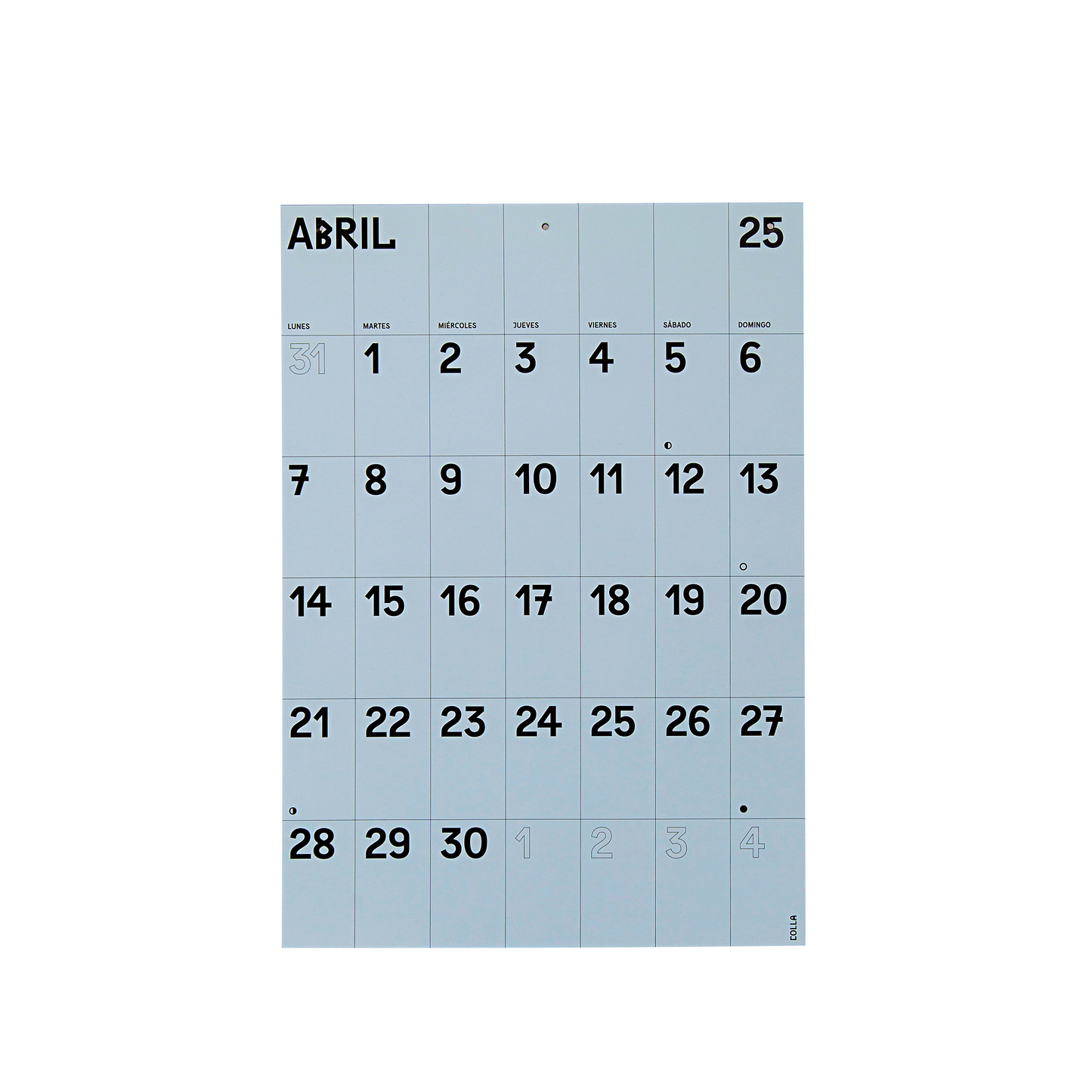 Calendario de pared azul con números grandes y espacio para escribir de Colla Paper