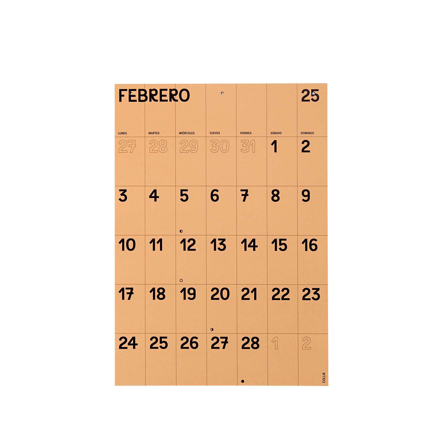 Calendario de pared marrón con números grandes y espacio para escribir de la empresa valenciana Colla Paper