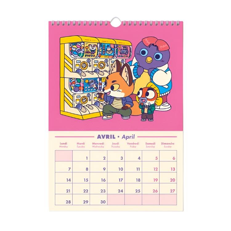 Mes de abril del calendario de pared 2025 de Yeaaah Studio con ilustración de tres amigos zorro, pinguino y pez sacando golosinas de una máquina