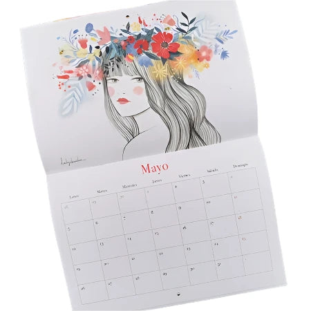 Mes de mayo del calendario de pared 2025 con ilustraciones de Esther Gili, Marialu y Lady Desidia