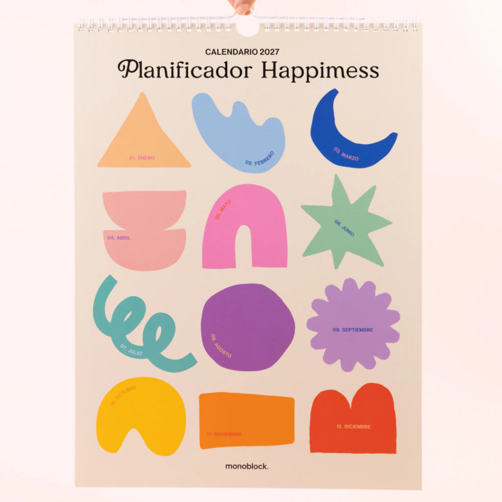 Calendario de pared 2027 de la artista argentina Happimess con portada de formas de colores