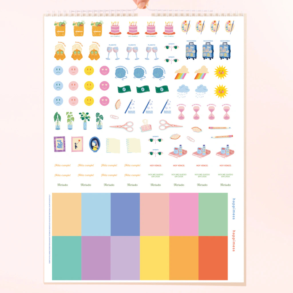 Pegatinas incluidas en el calendario de pared 2027 de la artista argentina Happimess