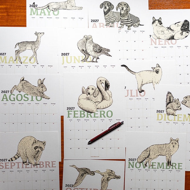 Láminas del calendario de pared 2027 ilustrado por Laura Agustí con animales