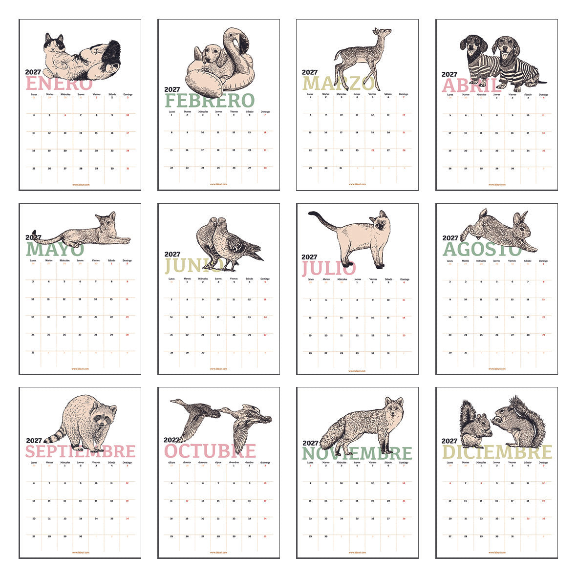 Láminas del calendario de pared 2027 ilustrado por Laura Agustí con animales