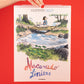 Calendario de pared 2027 de Macanudo con portada de Enriqueta y Fellini cruzando un río