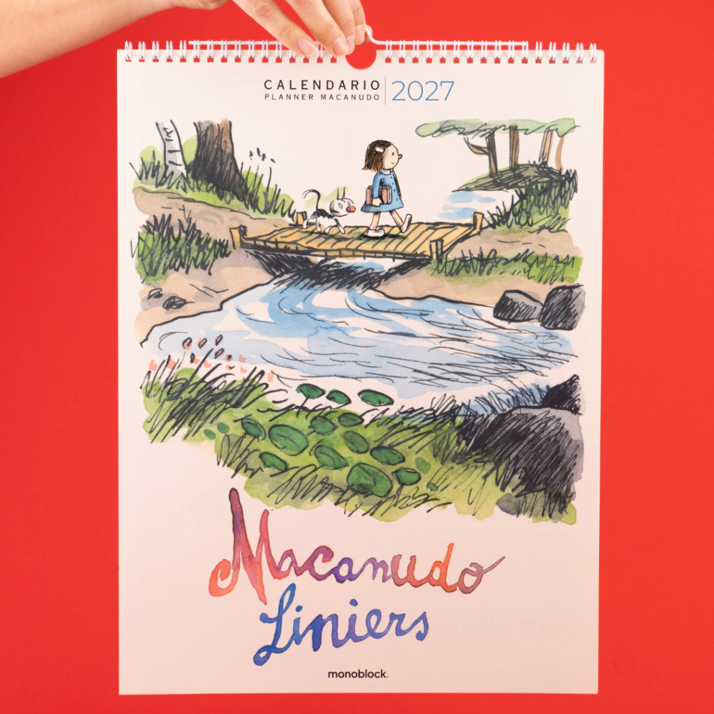 Calendario de pared 2027 de Macanudo con portada de Enriqueta y Fellini cruzando un río