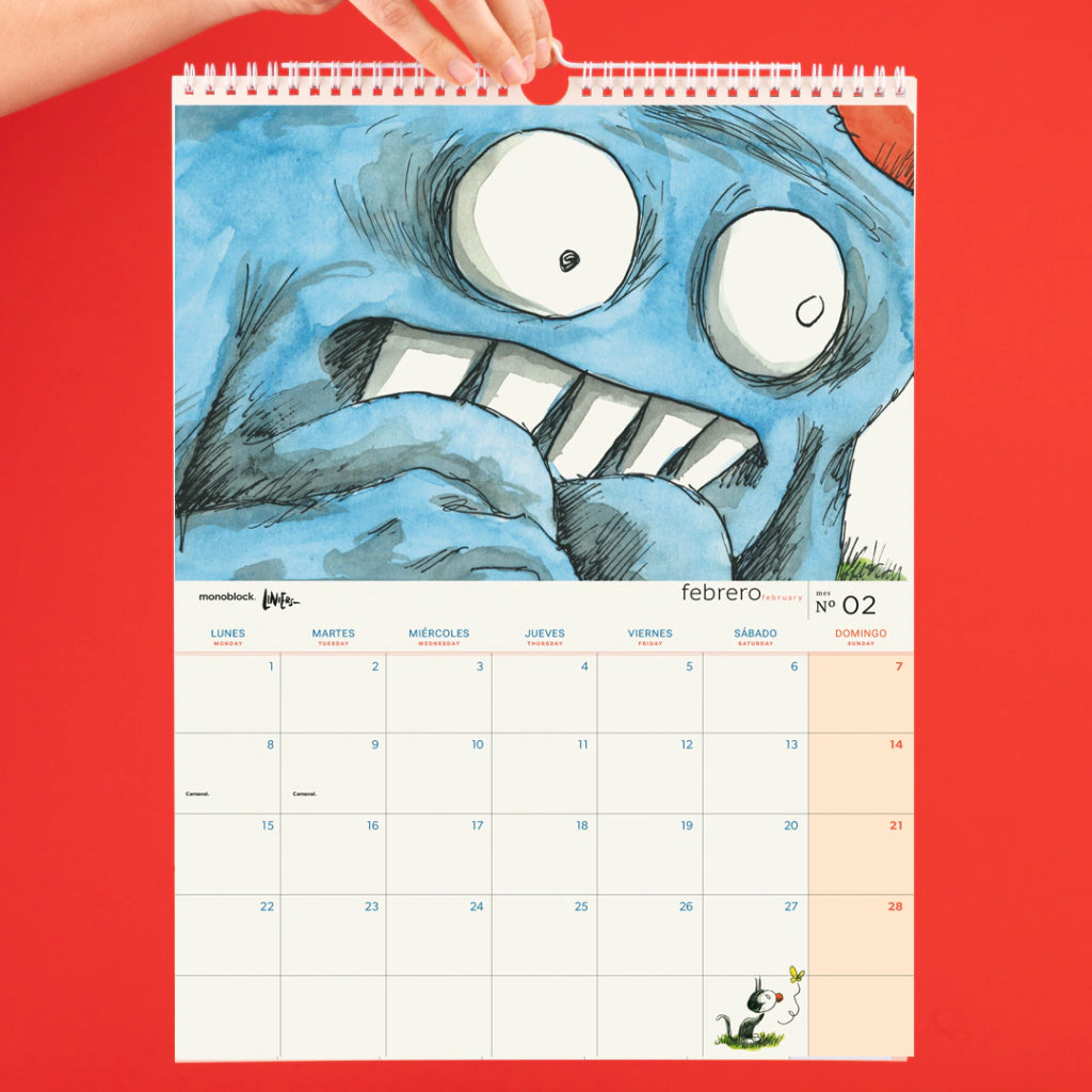 Página del mes de febrero del calendario de pared 2027 de Macanudo con ilustración de un primer plano de Olga asustada
