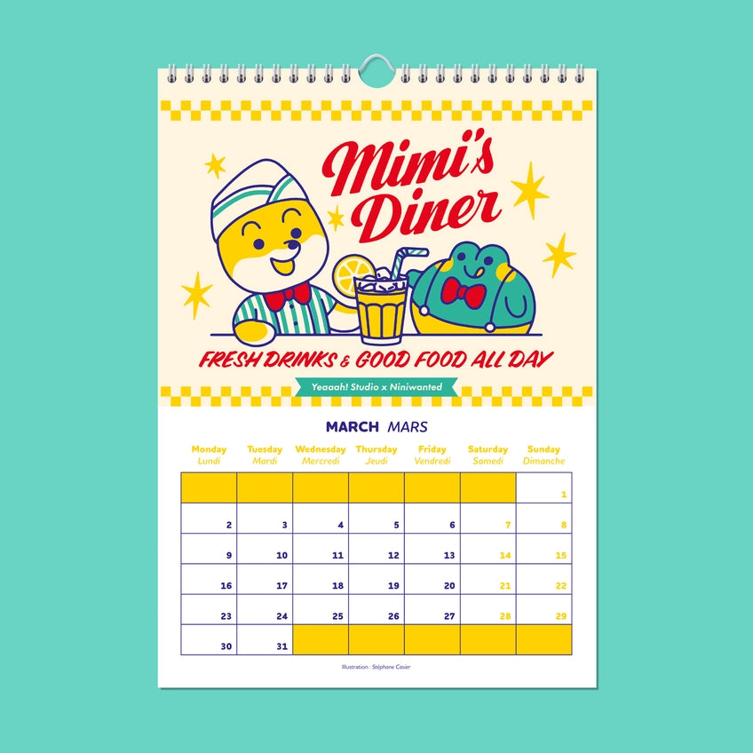 Hoja del calendario de pared ilustrado por Yeaaah Studio y Niniwanted con ilustración de personajes tomando un refresco y almanaque del mes de marzo