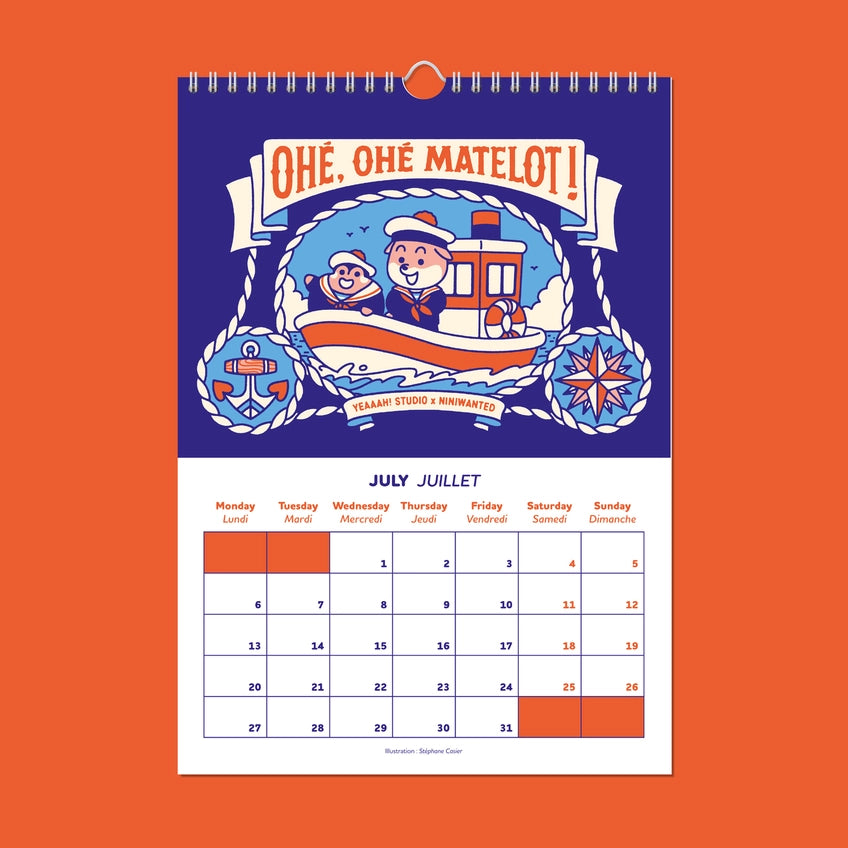 Hoja del calendario de pared ilustrado por Yeaaah Studio y Niniwanted con ilustración de personajes en un barco y almanaque del mes de julio