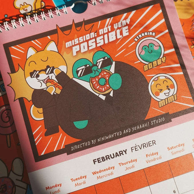 Ilustración de dos personajes parodiando el cartel de la película de Misión imposible en el calendario de 2026 de Yeaaah Studio y Niniwanted