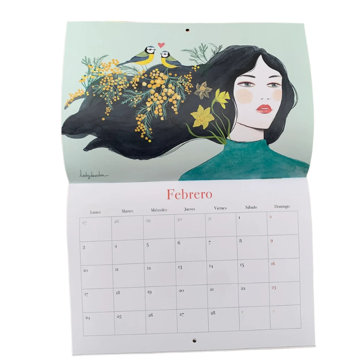 Mes de febrero del calendario de pared 2025 con ilustración de Lady Desidia