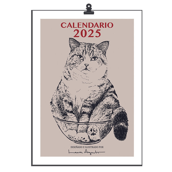 Portada del Calendario de pared del 2025 diseñado por Laura Agustí con ilustración de gato en un bol